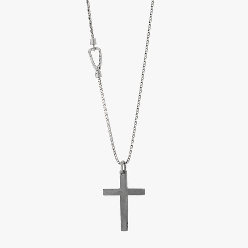 Silver cross necklace on a white background. THE CROSS Oxidized Pendant, Silver-Standard View