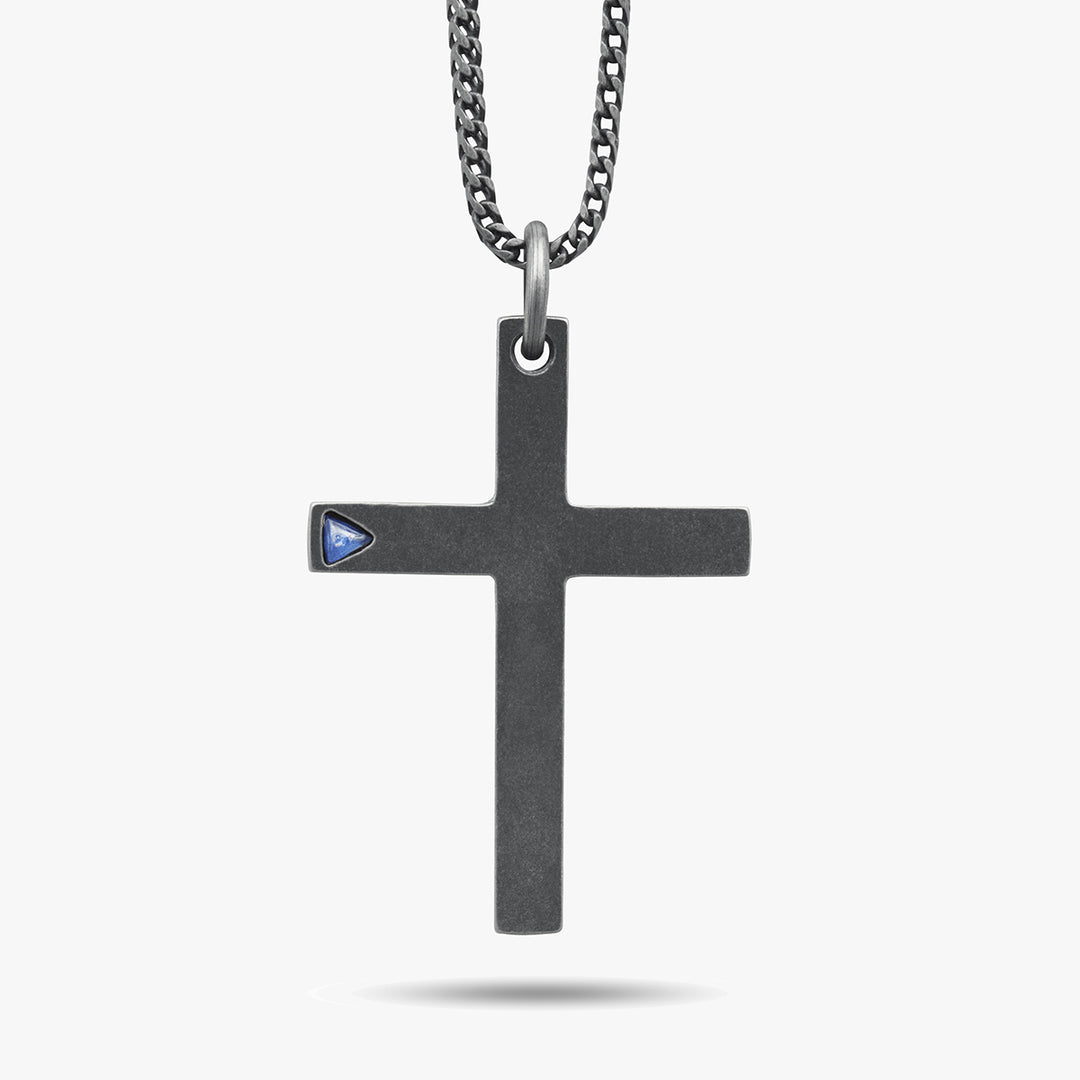 THE CROSS Latin Pendant with Stone, Oxidized Silver, Blue Sapphire-Standard View