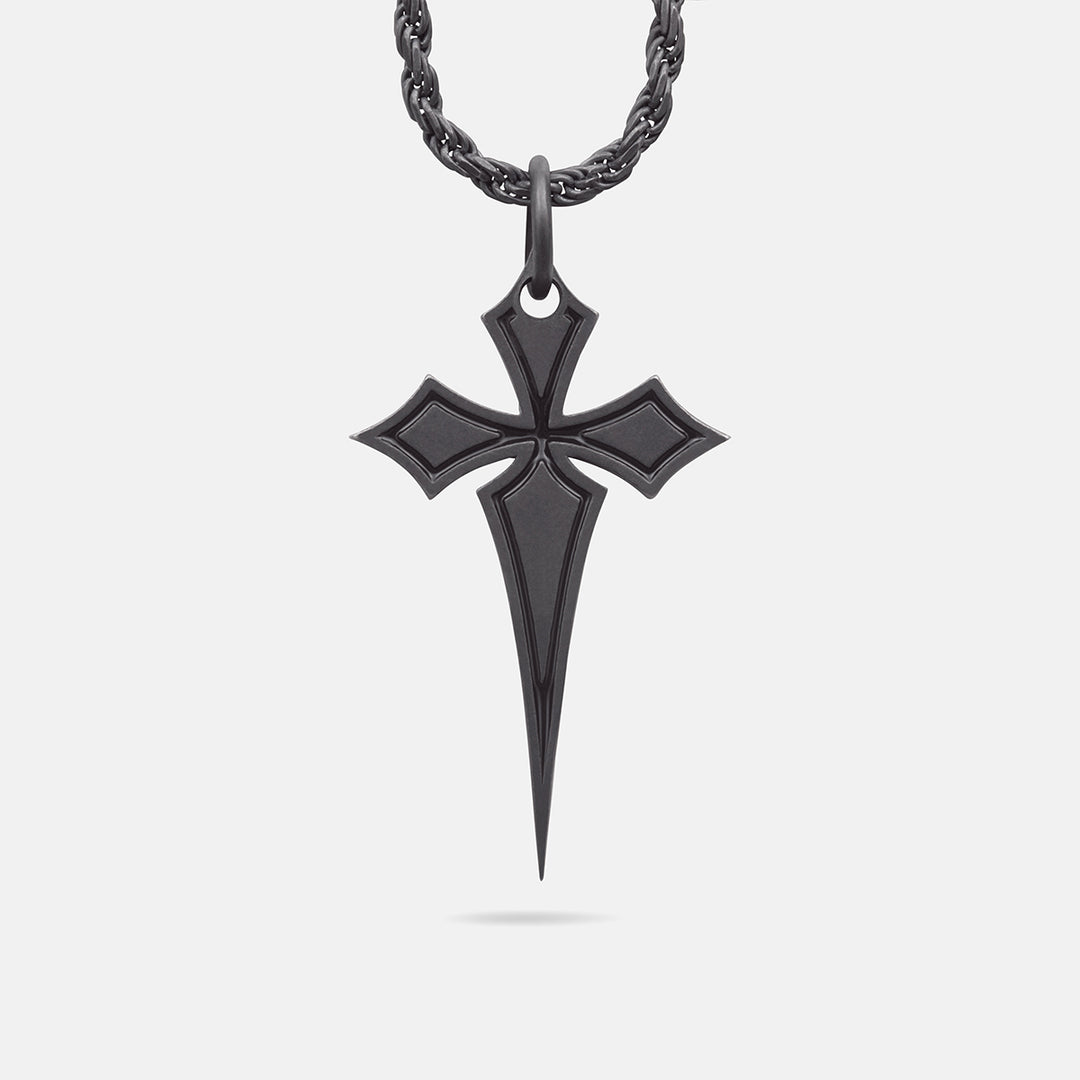 The Cross Oxidized Gothic Pendant, Oxidized Silver, Black Enamel-Standard View
