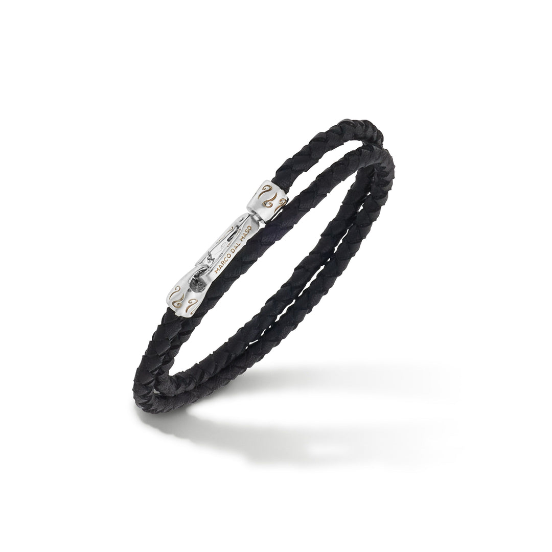 LASH Double Wrap Polished Silver and Black Woven Leather Bracelet