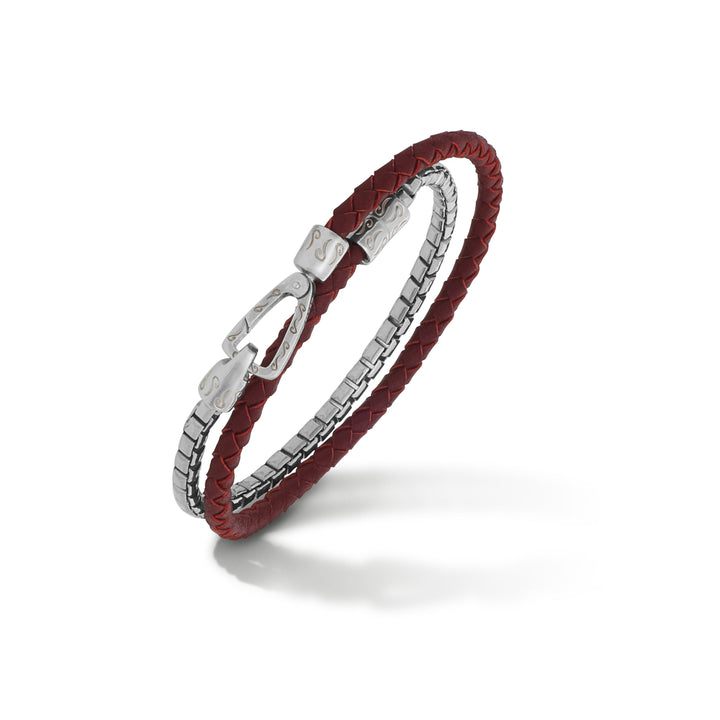 LASH Double Mix Red Woven Leather and Polished Silver Chain Bracelet