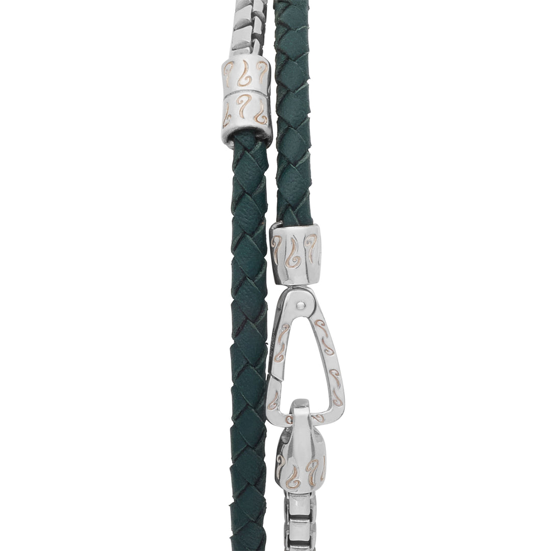 LASH Double Mix Green Woven Leather and Polished Silver Chain Bracelet