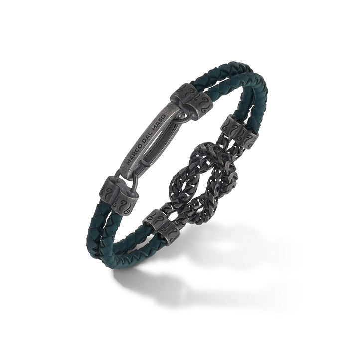 LASH Reef Knot Chain Oxidized Bracelet with green leather