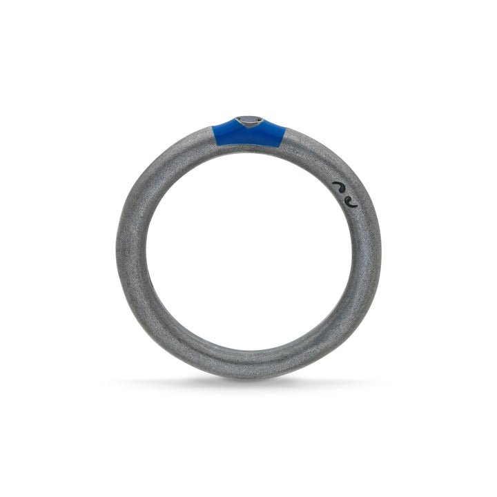 ULYSSES Slick Oxidized Ring with black diamond and blue enamel