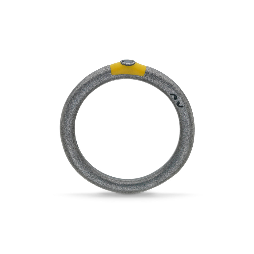ULYSSES Slick Oxidized Ring with black diamond and yellow enamel