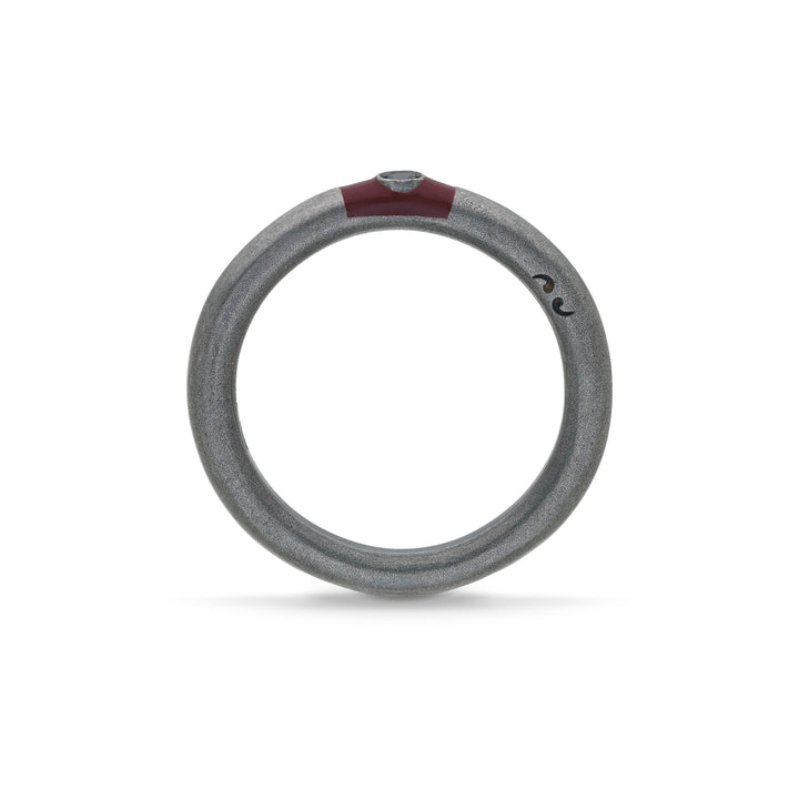 ULYSSES Slick Oxidized Ring with black diamond and red enamel