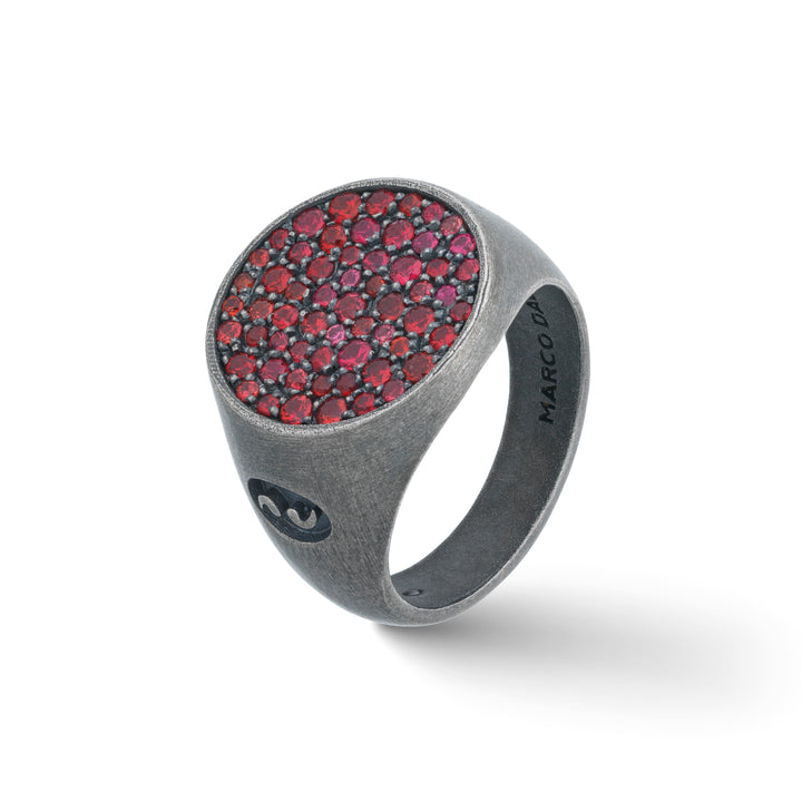 MONETA Oxidized Silver Sovereign Ring with Red Sapphires