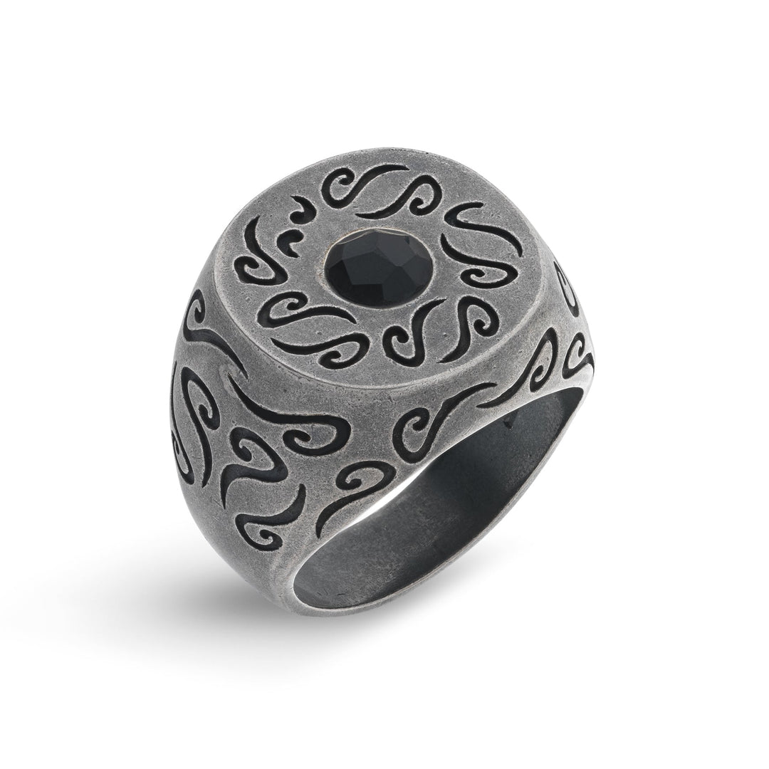 Ara Round Oxidized Ring with Centre Gemstone with Onyx