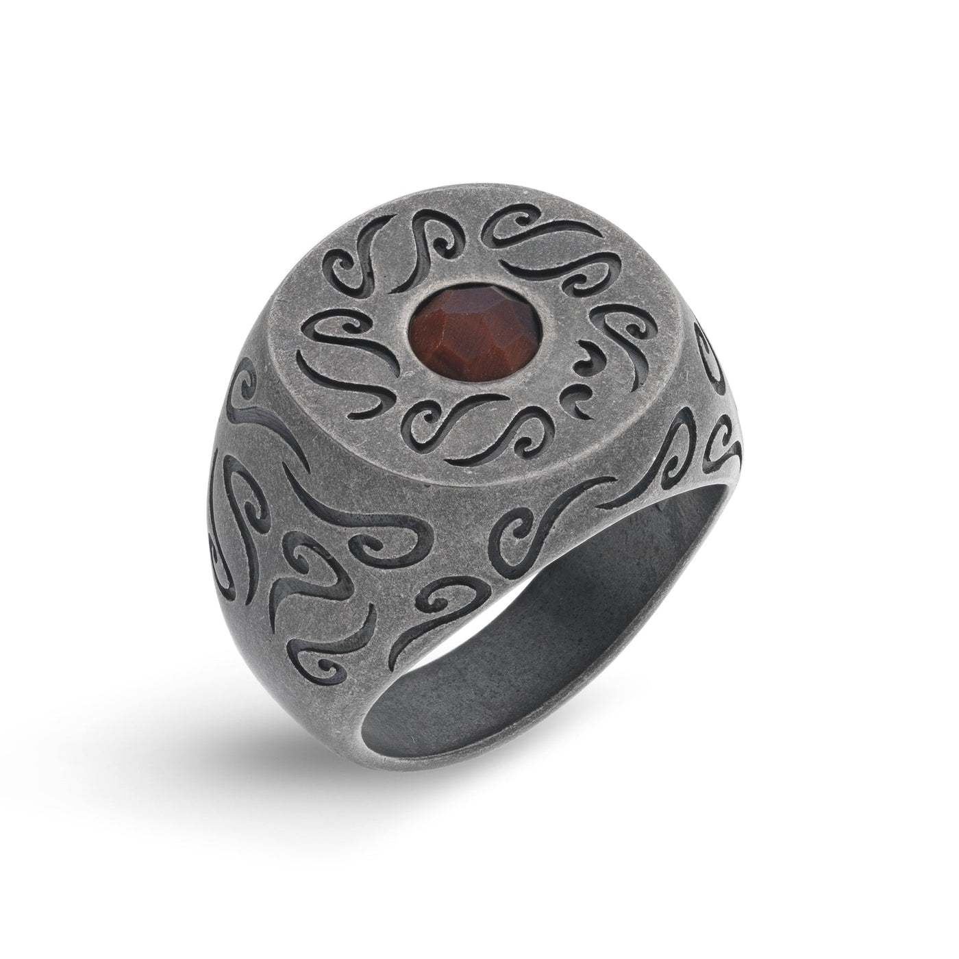 Ara Round Oxidized Ring with Centre Gemstone with Matte Red Tiger Eye