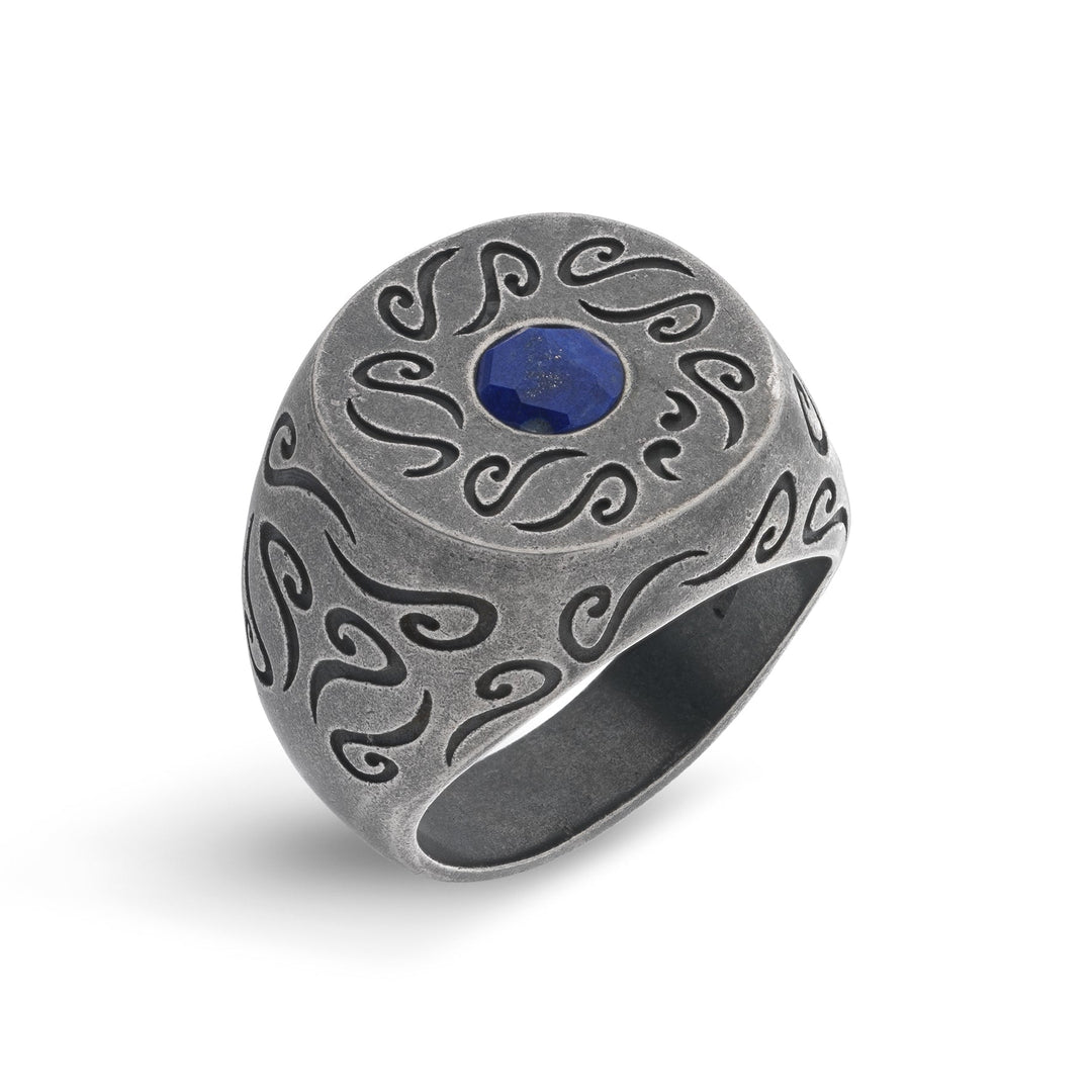 Ara Round Oxidized Ring with Centre Gemstone with Lapis Lazuli
