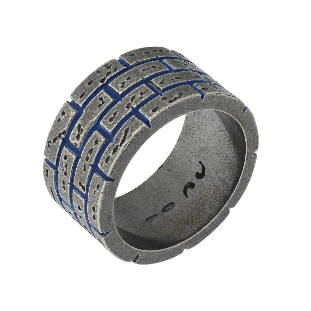 MURALES Oxidized Silver Wide Ring with Blue Enamel