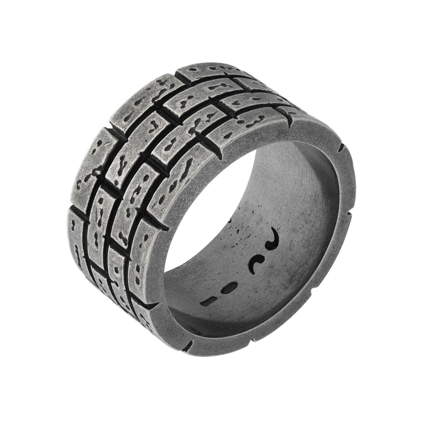 MURALES Oxidized Silver Wide Ring with Black Enamel