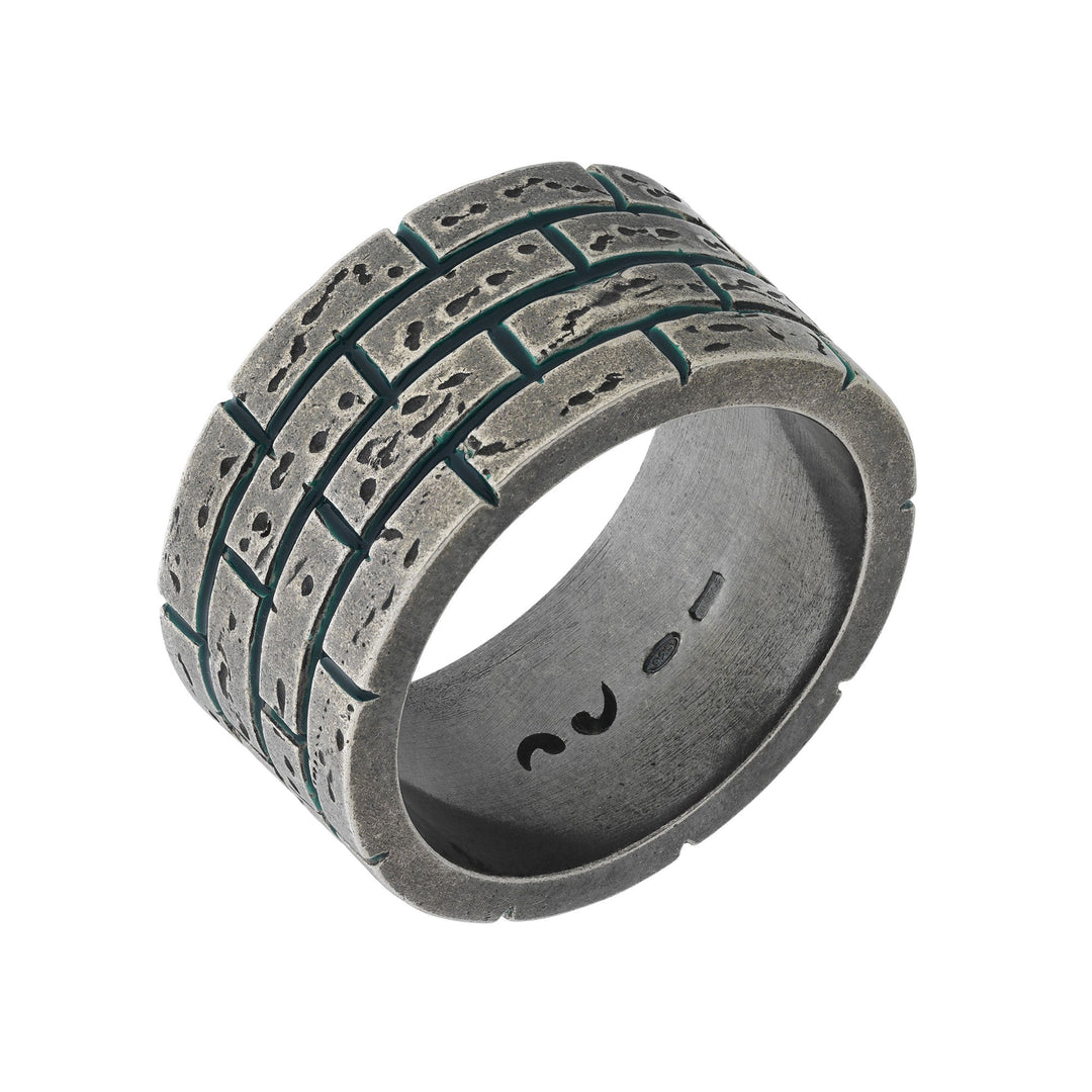 MURALES Oxidized Silver Wide Ring with Green Enamel