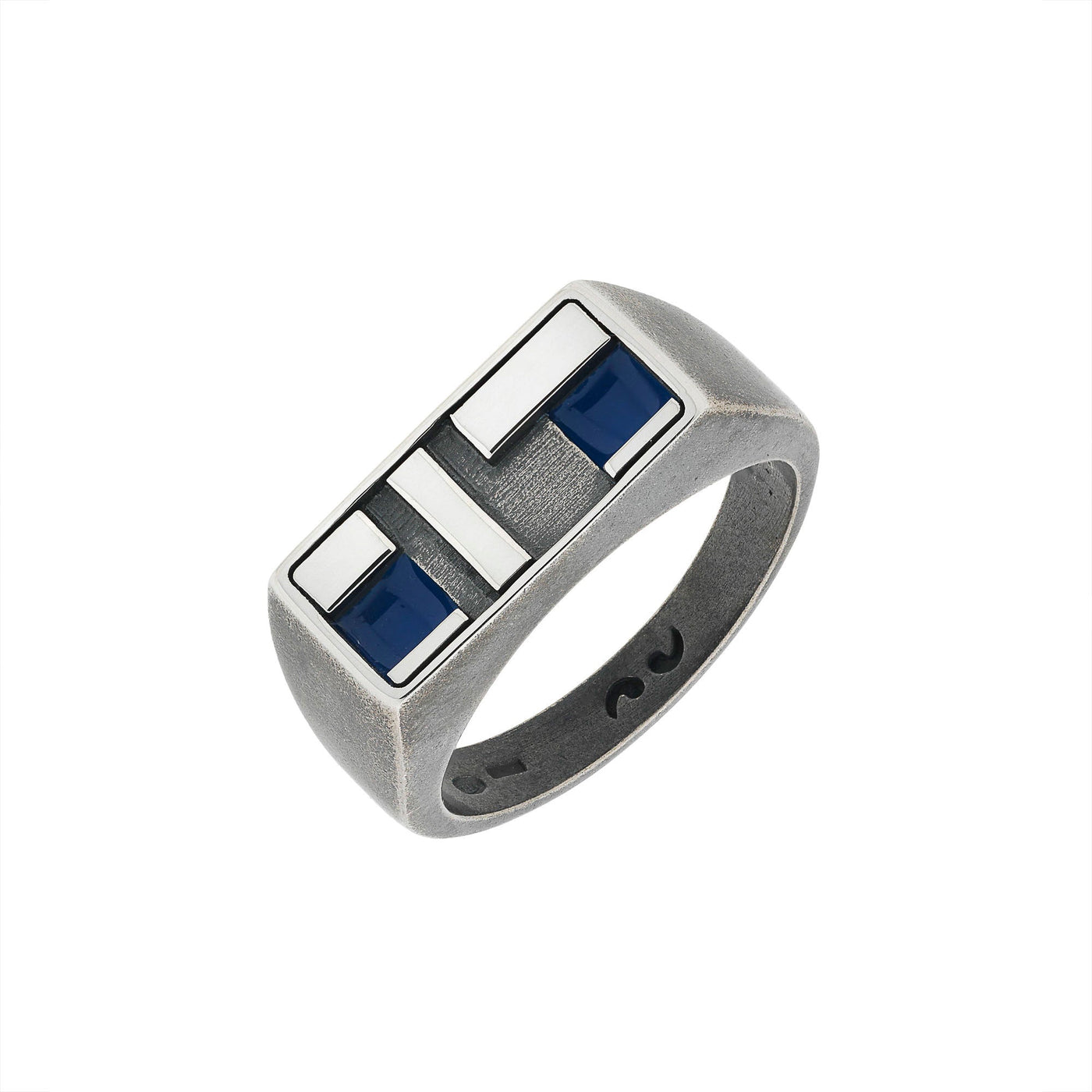 De Stijl Oxidized and Polished Silver Ring with Blue Enamel