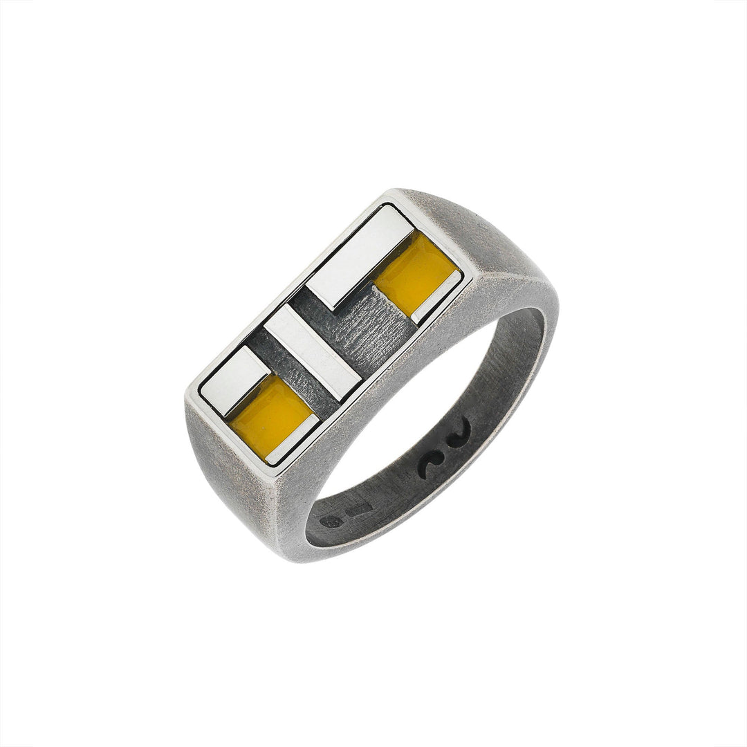 De Stijl Oxidized and Polished Silver Ring with Yellow Enamel