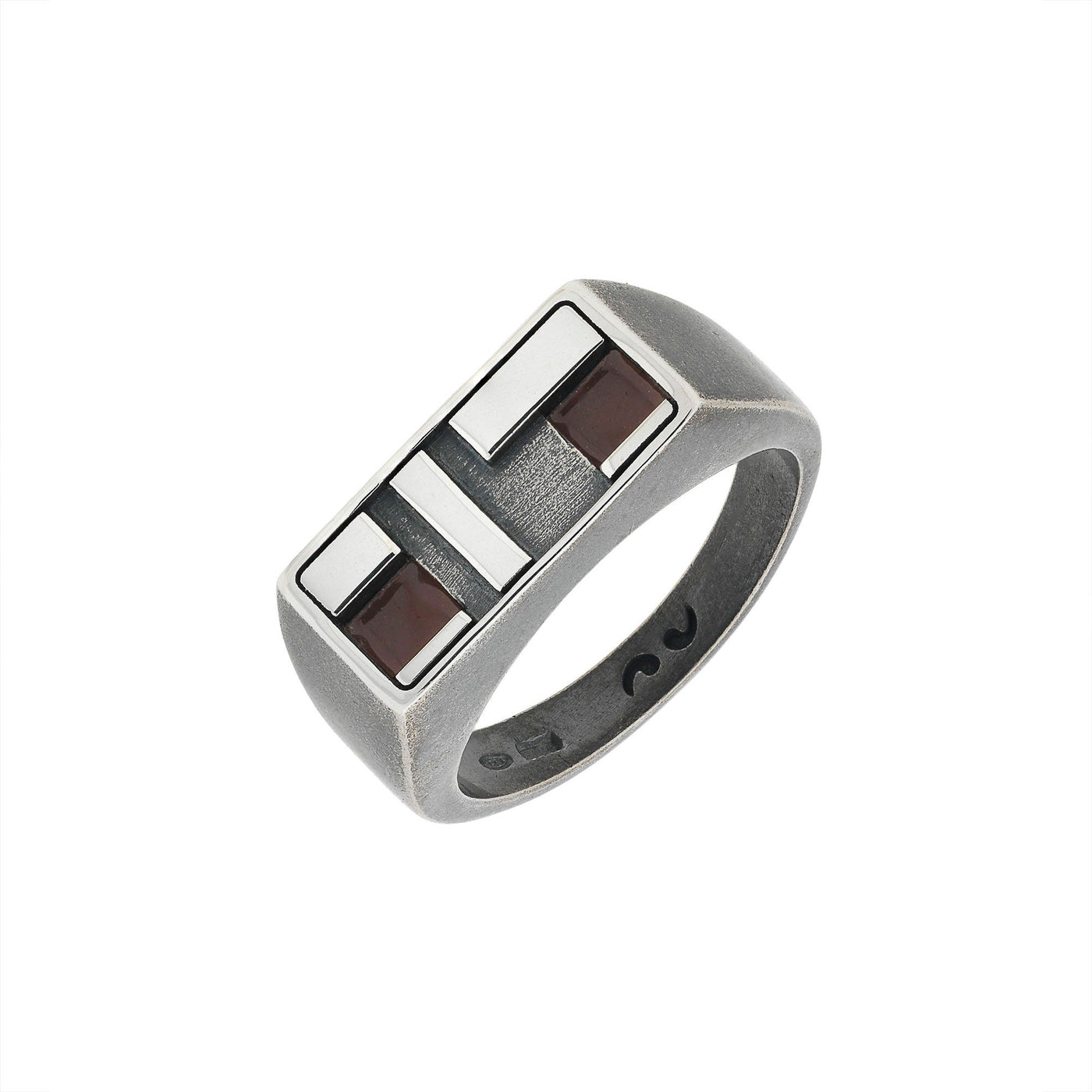 De Stijl Oxidized and Polished Silver Ring with Brown Enamel