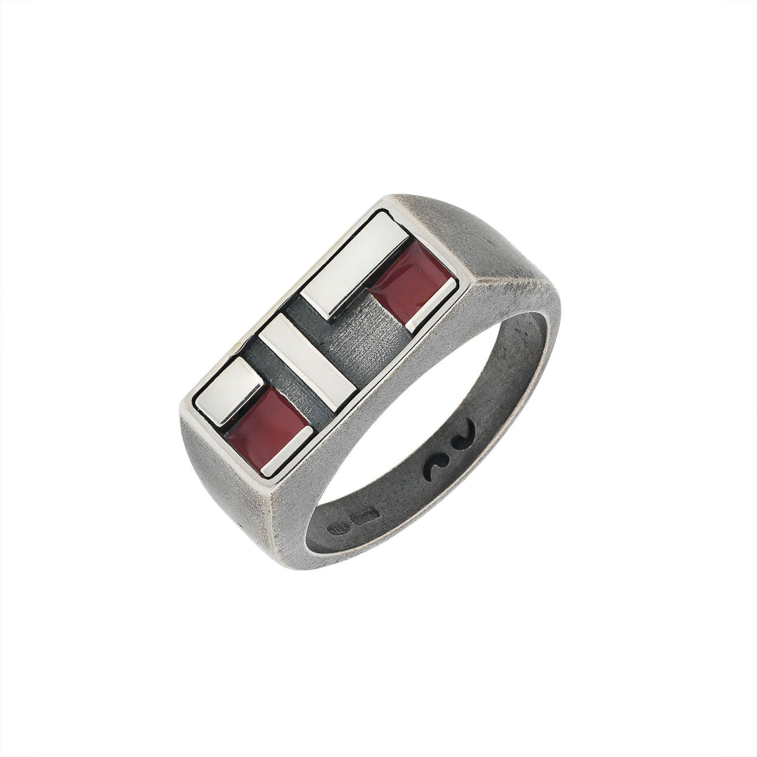 De Stijl Oxidized and Polished Silver Ring with Red Enamel