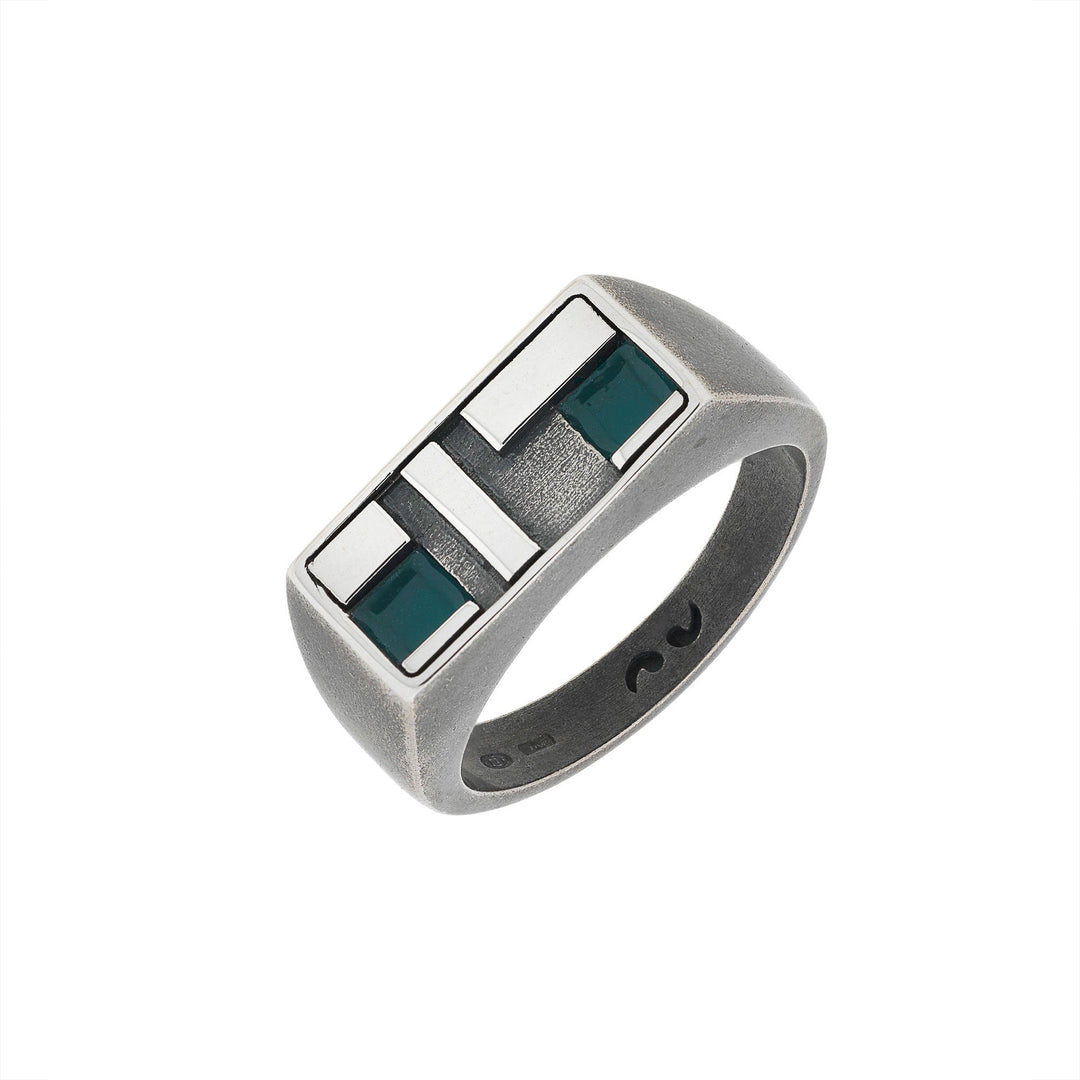 De Stijl Oxidized and Polished Silver Ring with Green Enamel