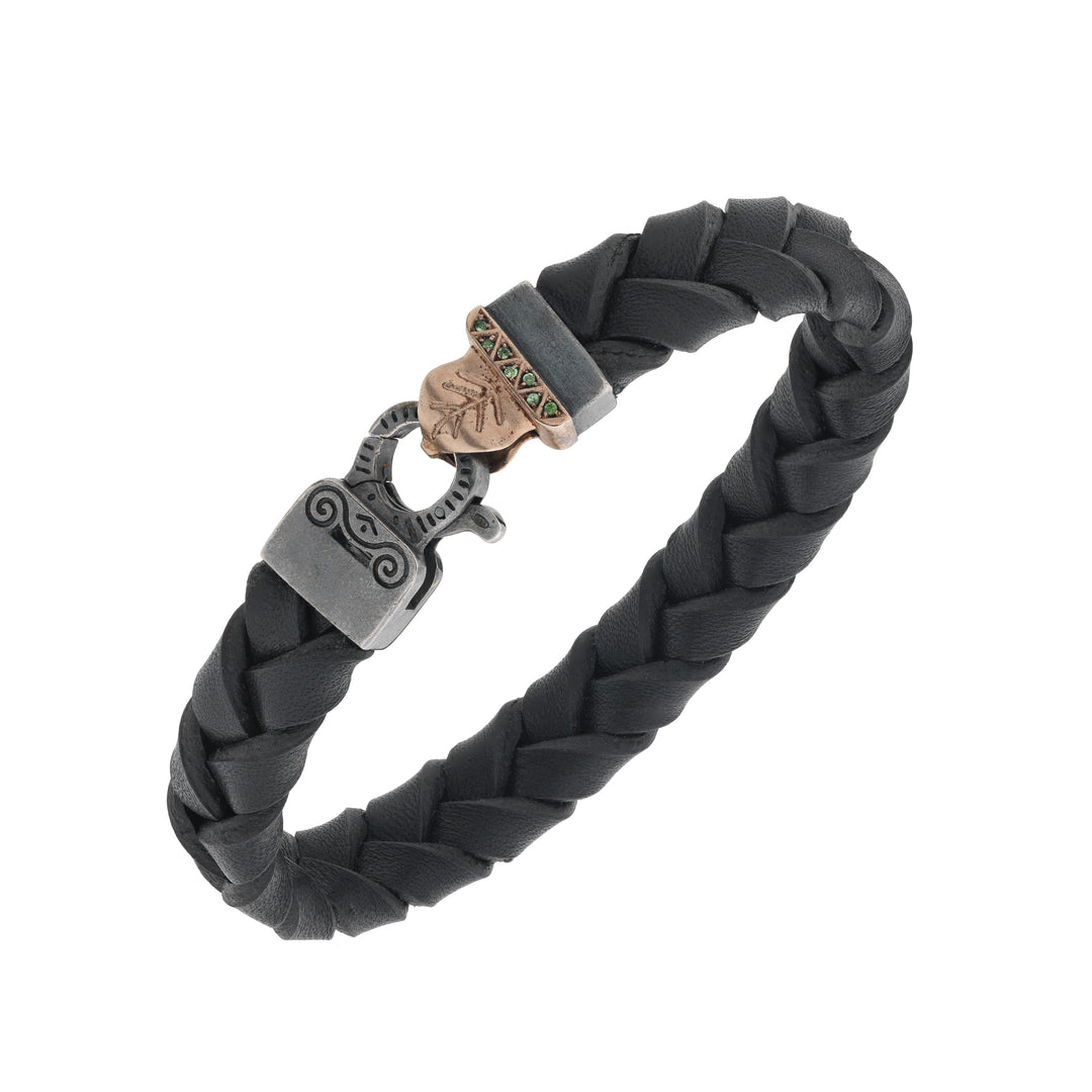 FLAMING TONGUE 18K Rose Gold Vermeil and Oxidized  Bracelet with black leather & Tsavorite
