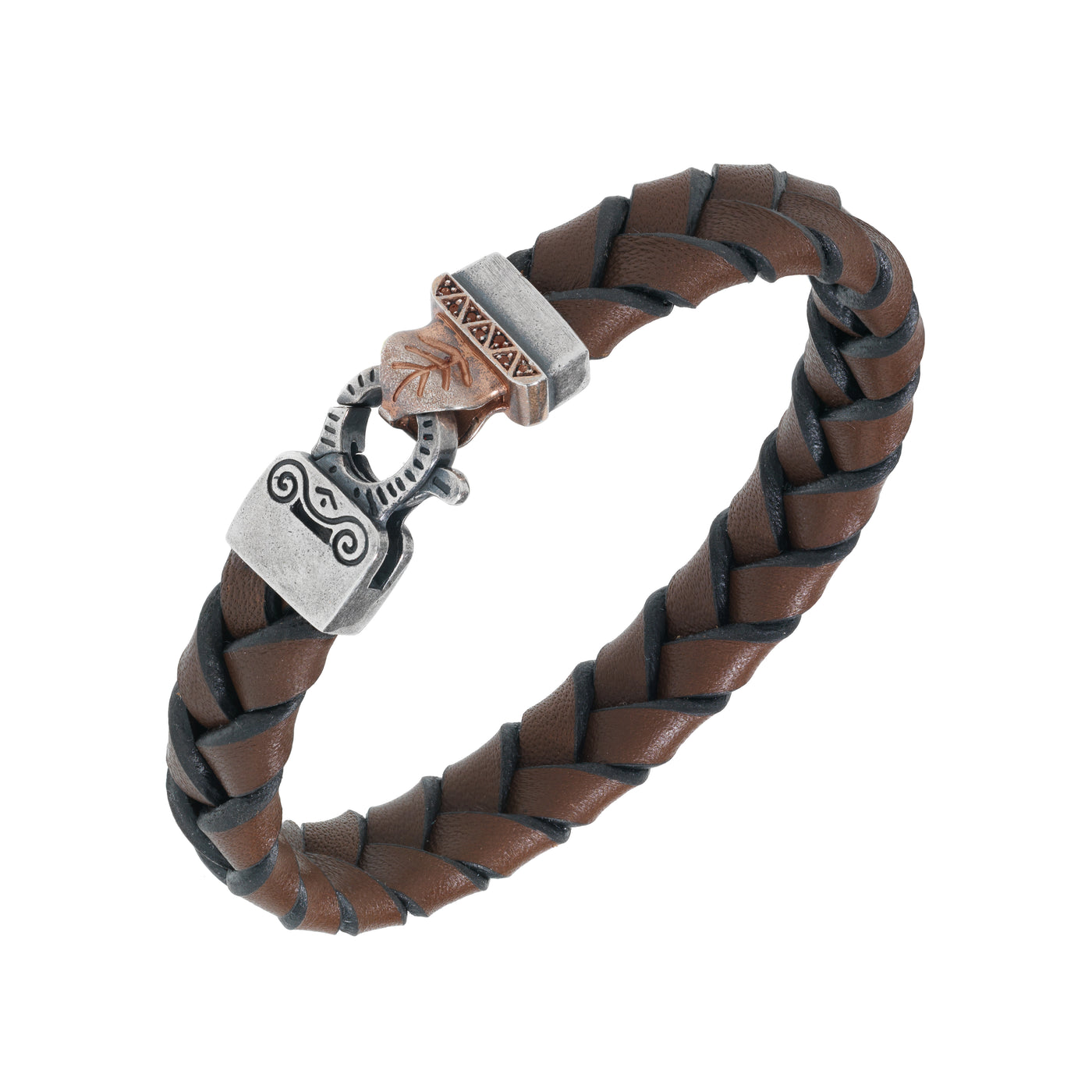 FLAMING TONGUE 18K Rose Gold Vermeil and Oxidized Bracelet with brown leather & orange sapphires