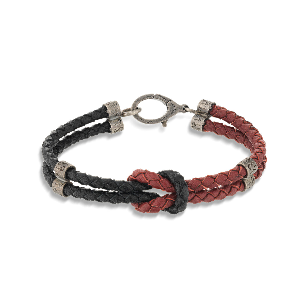 Twisted Red and Black Woven Leather and Oxidized Silver Bracelet