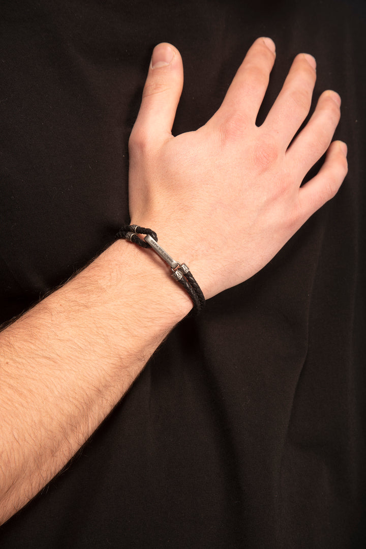 Parallel Black Woven Leather and Oxidized Silver Bracelet