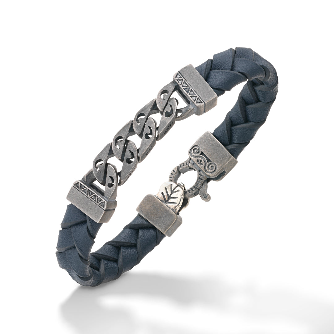 FLAMING TONGUE Blue Woven Leather Bracelet with Polished Oxidized Silver Chain & Black Diamonds