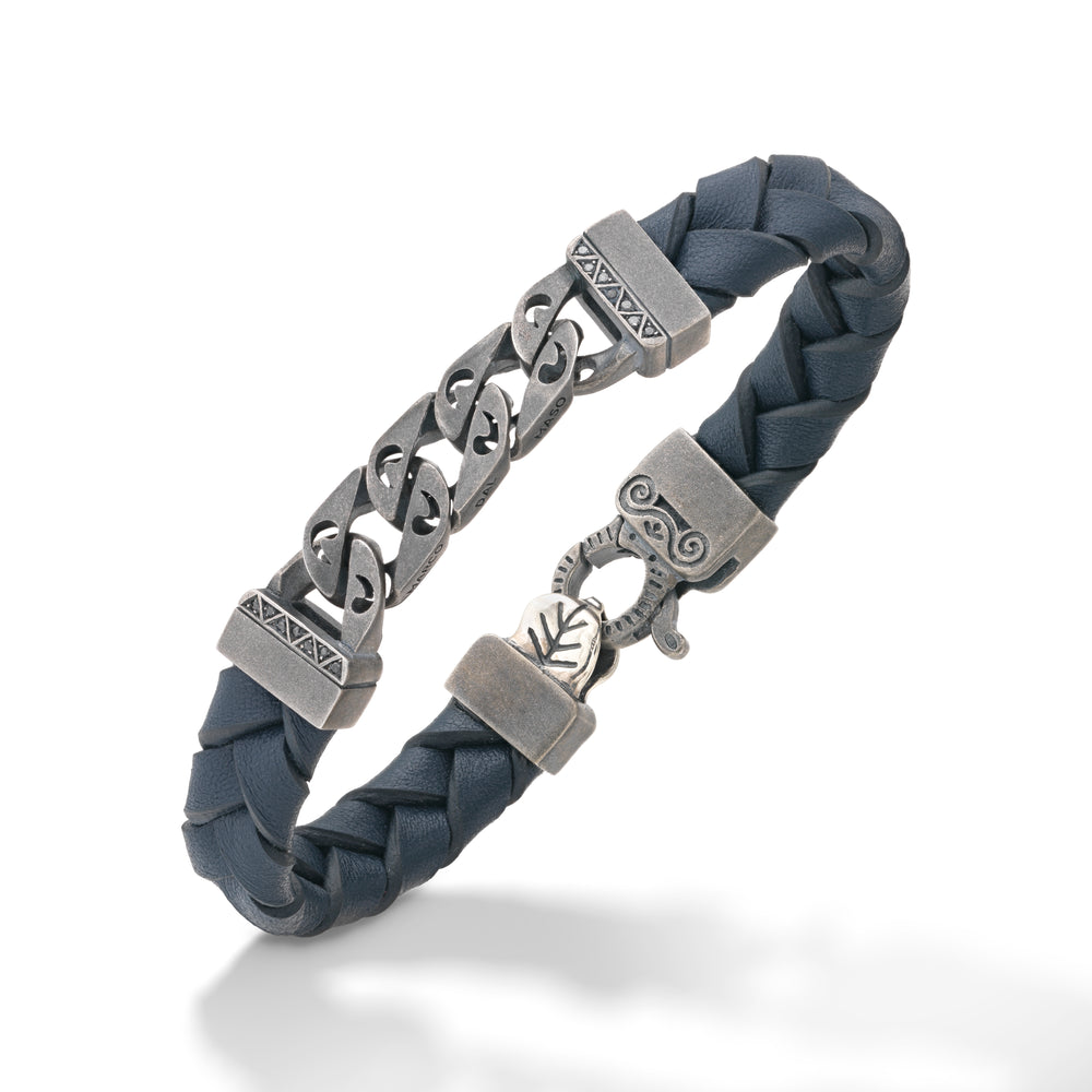 FLAMING TONGUE Chain ID Bracelet with Woven Leather, Black Diamonds, Blue Leather - Worn View