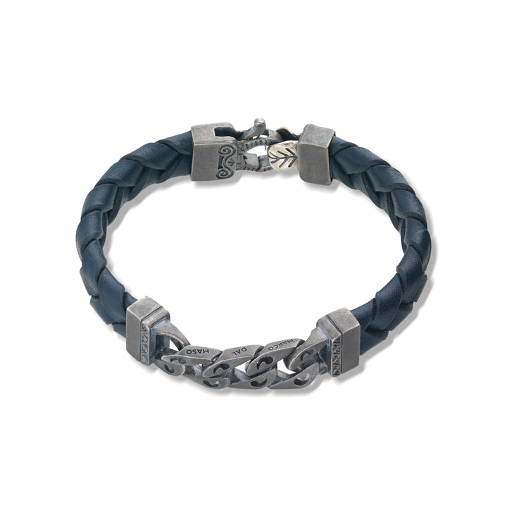 FLAMING TONGUE Blue Woven Leather Bracelet with Polished Oxidized Silver Chain & Black Diamonds