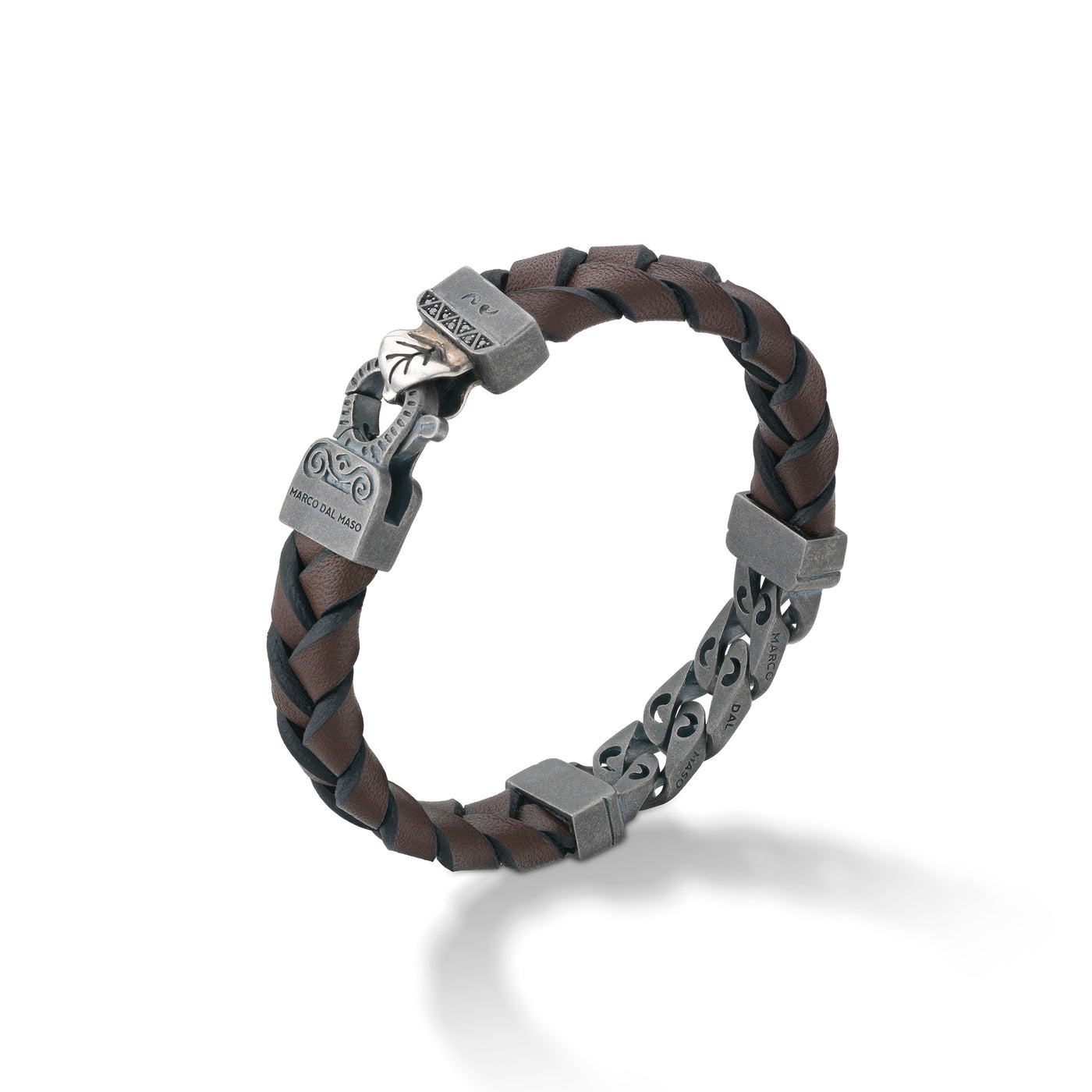 FLAMING TONGUE Brown Woven Leather Bracelet with Polished Oxidized silver chain & Black Diamonds