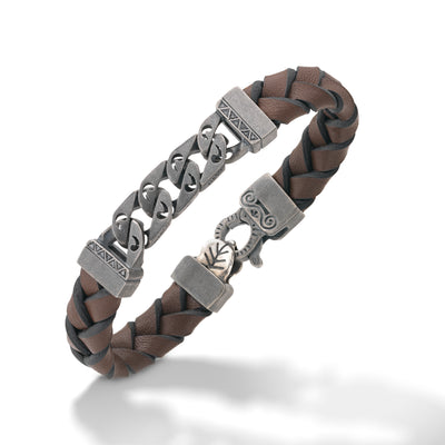 FLAMING TONGUE Brown Woven Leather Bracelet with Polished Oxidized silver chain & Black Diamonds