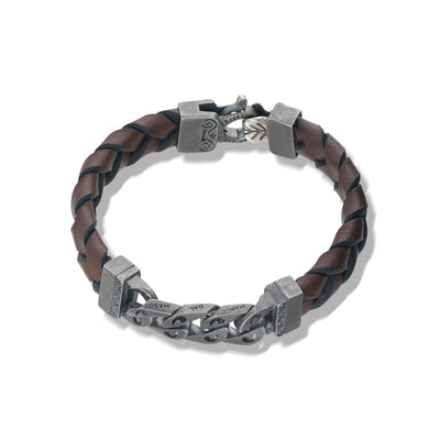 FLAMING TONGUE Brown Woven Leather Bracelet with Polished Oxidized silver chain & Black Diamonds