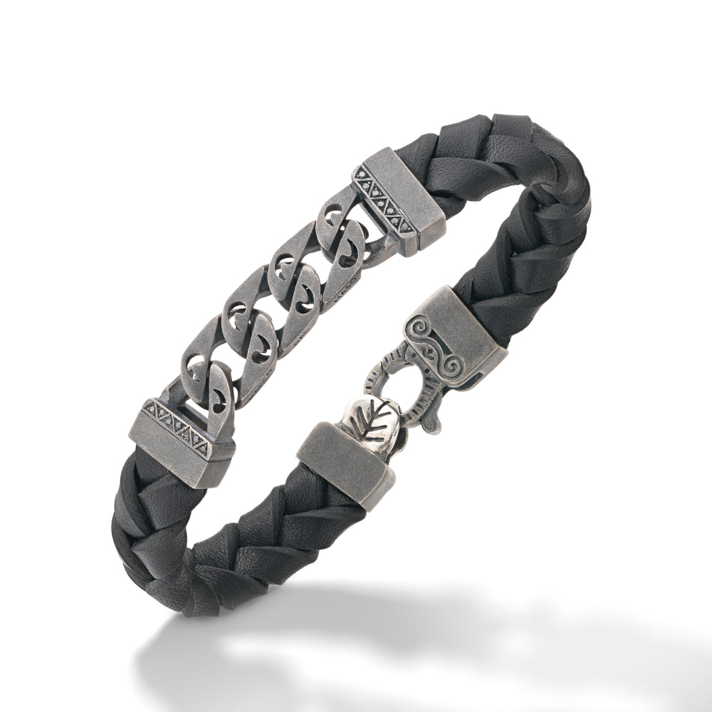 FLAMING TONGUE Chain ID Bracelet with Woven Leather, Black Diamonds, Black Leather - Worn View