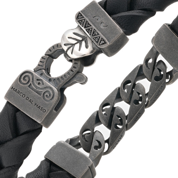 FLAMING TONGUE Black Woven Leather Bracelet with polished oxidized silver chain & black diamonds