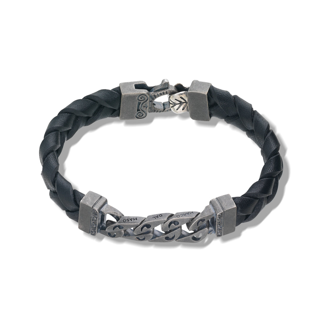FLAMING TONGUE Black Woven Leather Bracelet with polished oxidized silver chain & black diamonds