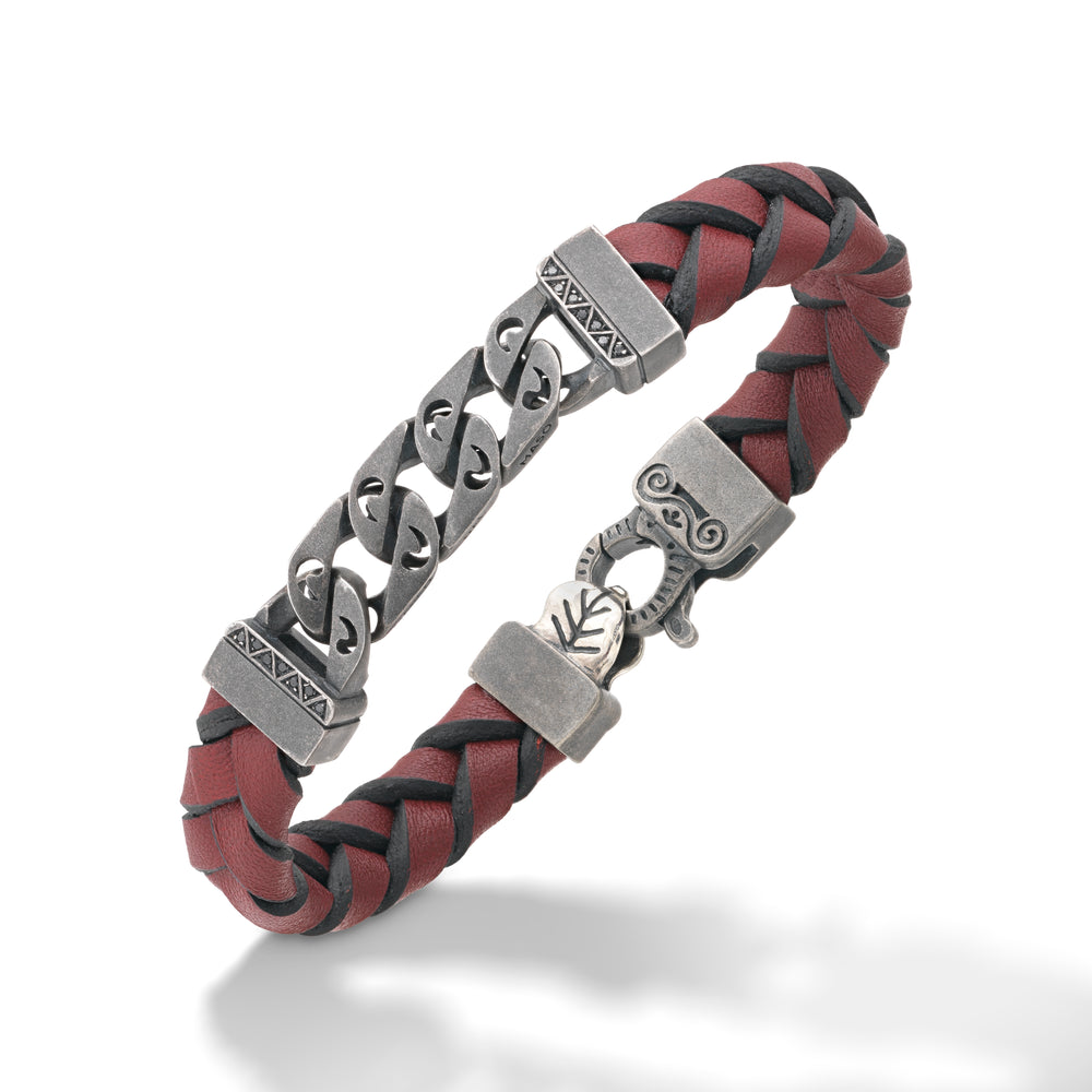 FLAMING TONGUE Chain ID Bracelet with Woven Leather, Black Diamonds, Red Leather - Worn View