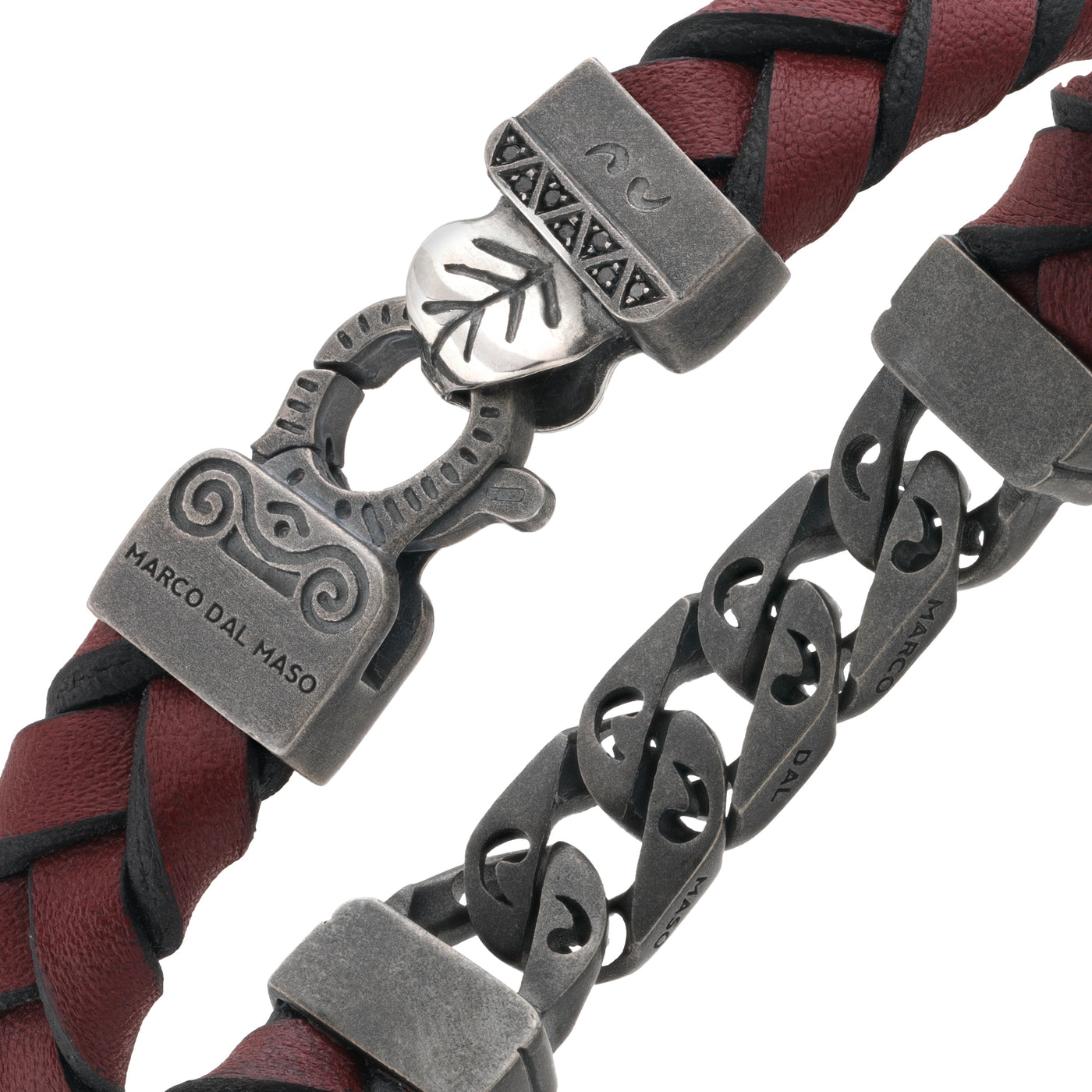 FLAMING TONGUE Red Woven Leather Bracelet, polished oxidized silver chain & black diamonds