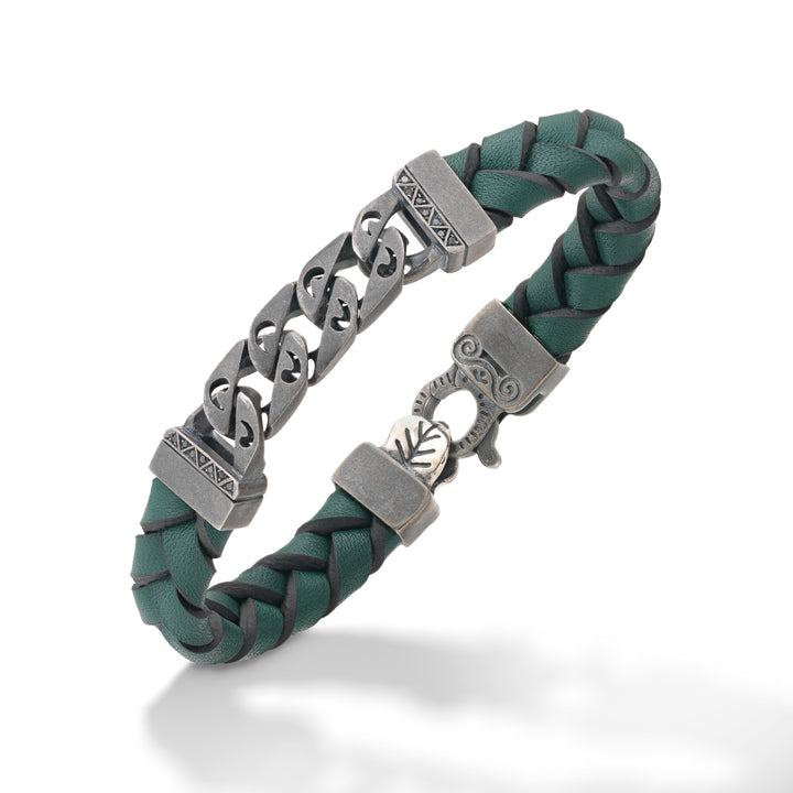 FLAMING TONGUE Green Woven Leather Bracelet, polished oxidized silver chain with black diamonds