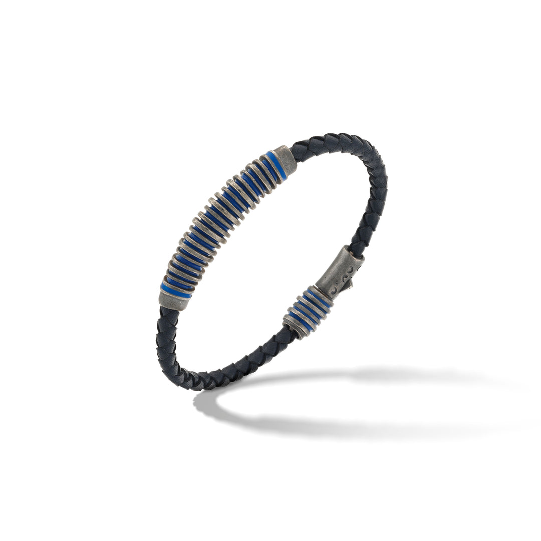 ACIES Oxidized Silver and Blue Leather Bracelet with Blue Enamel