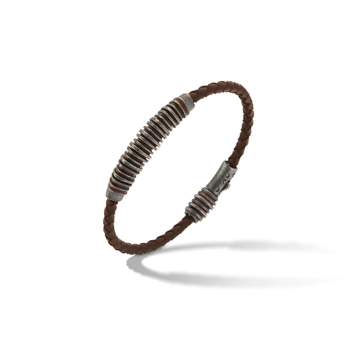 ACIES Oxidized Silver and Brown Leather Bracelet with Brown Enamel