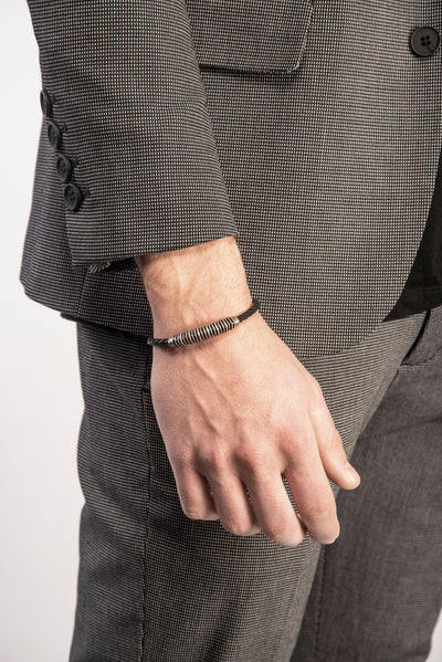 Oxidized Silver and Black Leather Bracelet with black enamel