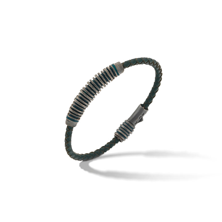 ACIES Oxidized Silver and Blue Leather Bracelet with Green Enamel