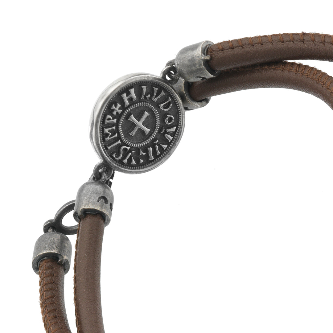 MONETA Oxidized and Polished Silver Bracelet with brown leather