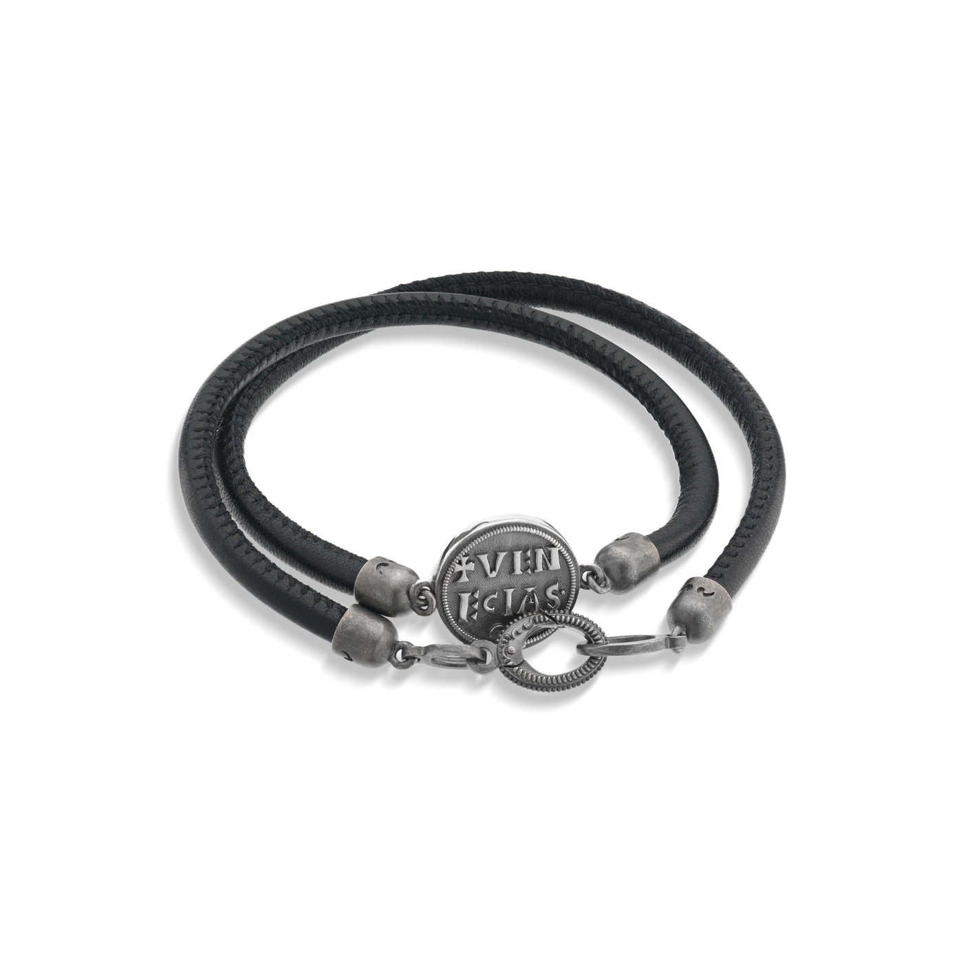 MONETA Oxidized and Polished Silver Bracelet with black leather