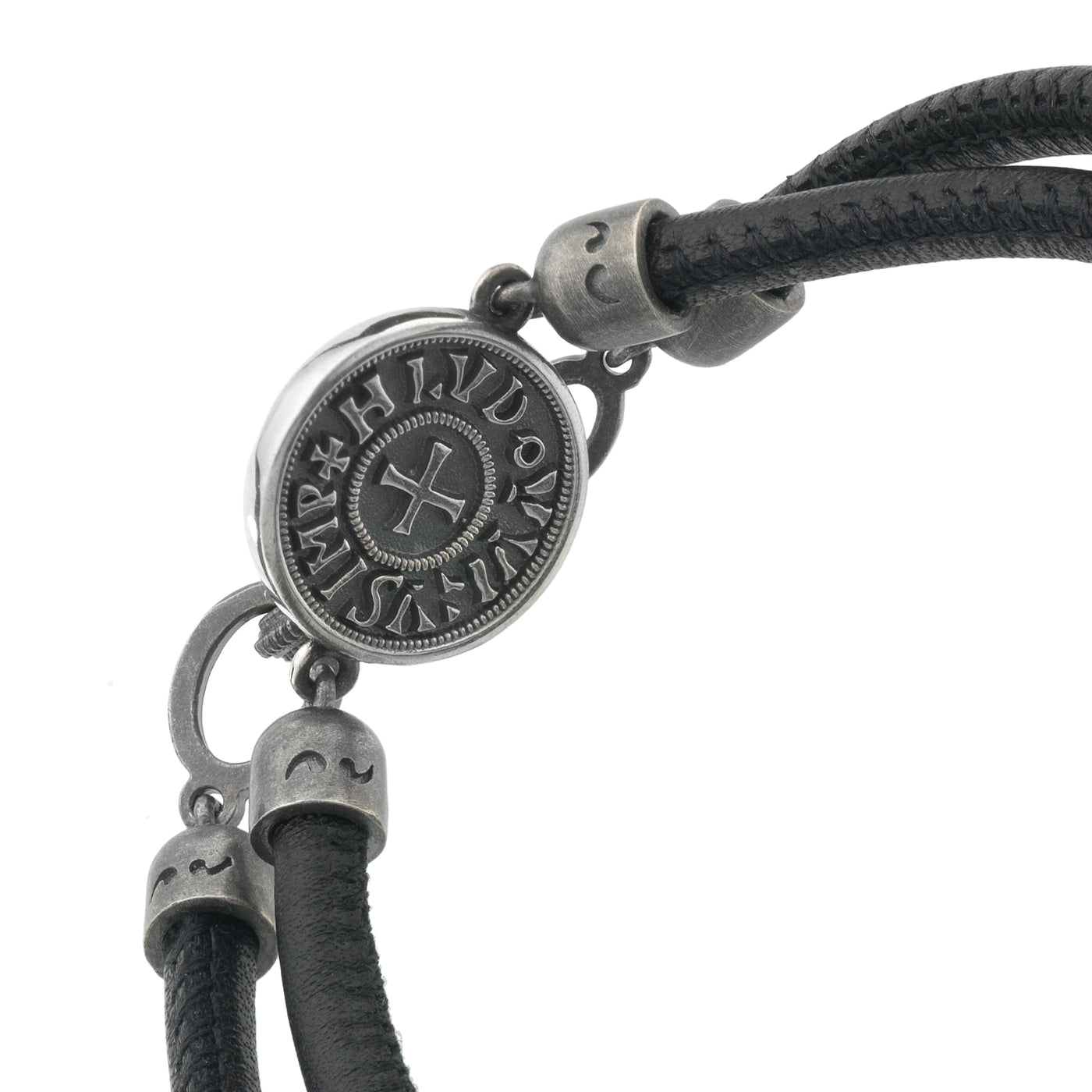 MONETA Oxidized and Polished Silver Bracelet with black leather