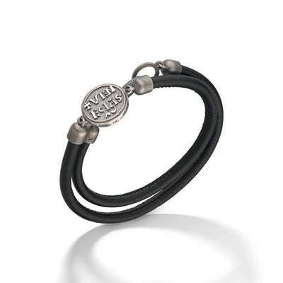MONETA Oxidized and Polished Silver Bracelet with black leather
