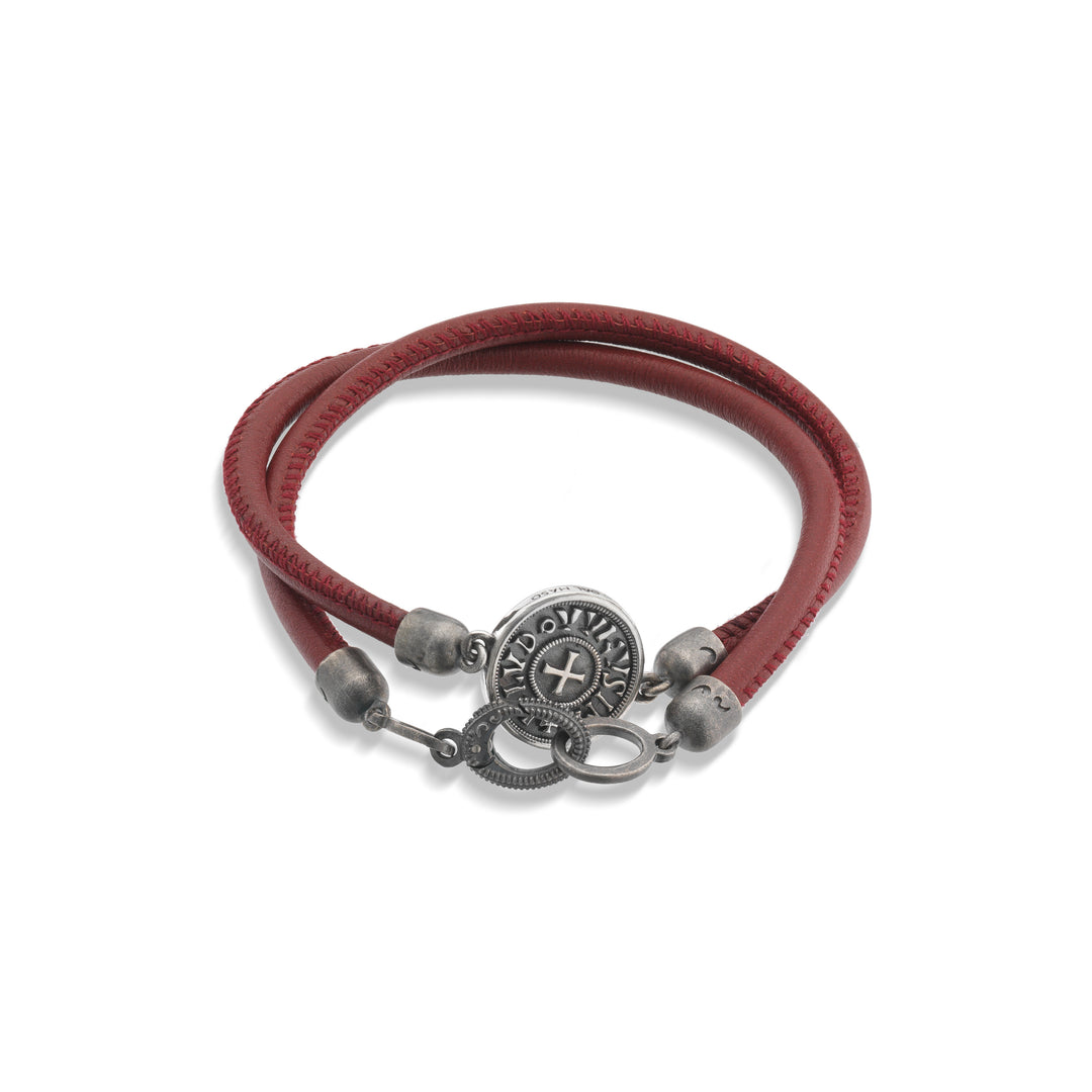MONETA Oxidized and Polished Silver Bracelet with red leather