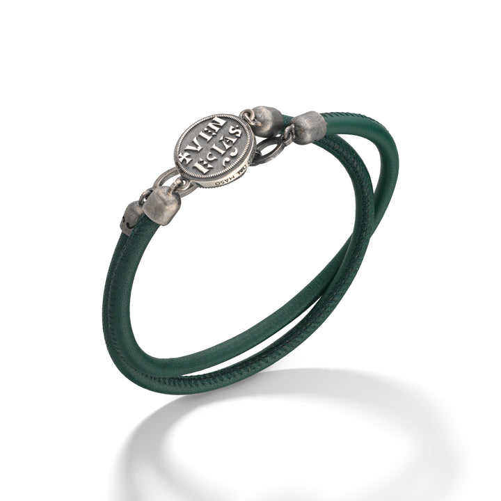 MONETA Oxidized and Polished Silver Bracelet with green leather