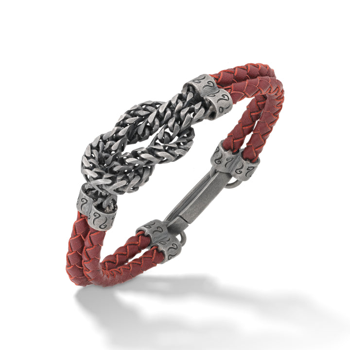 LASH Reef Knot Chain Oxidized Bracelet with red leather