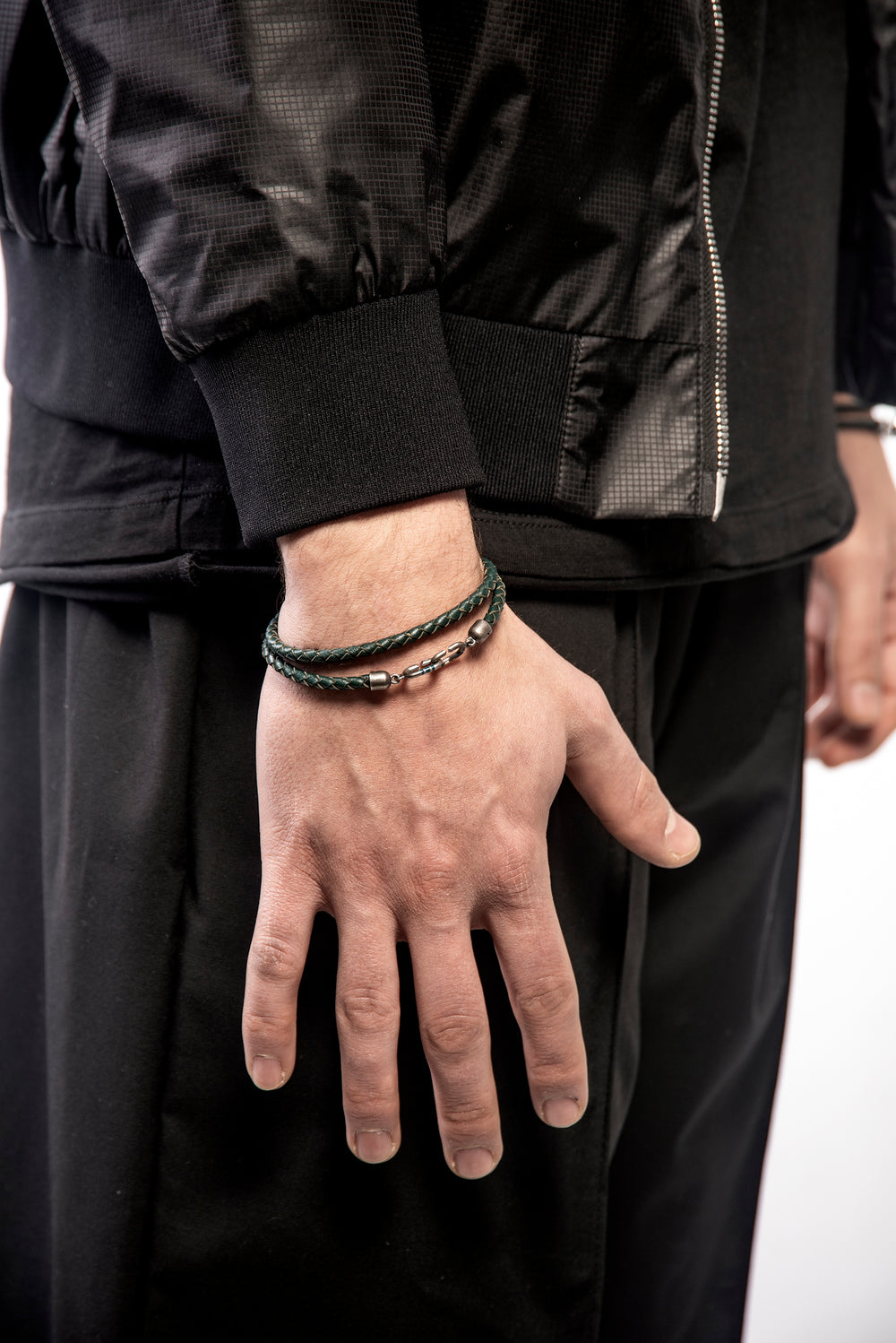 LINK Double Wrap Enamel and Leather Bracelet, Silver, Green Enamel, Green Leather - Worn View